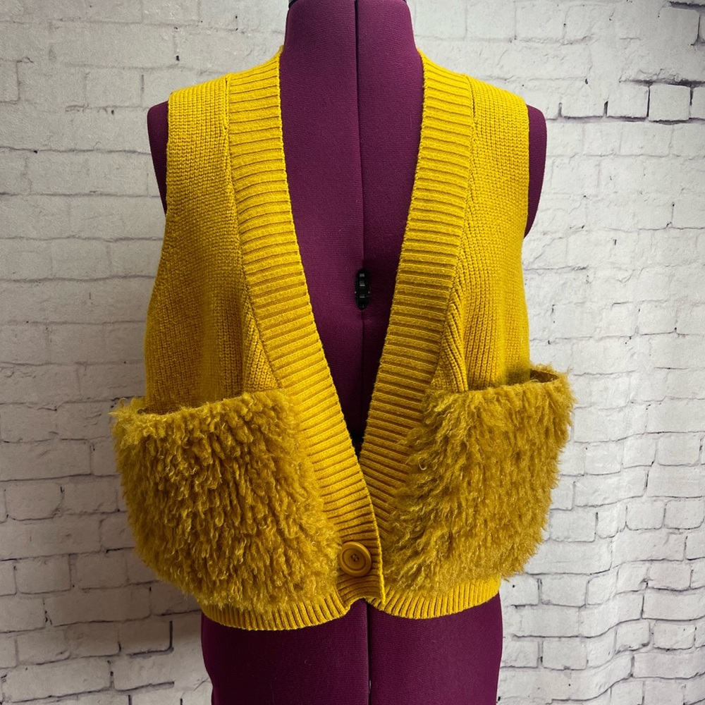 Anthropologie Mustard Yellow Fuzzy Pocket Knit Vest